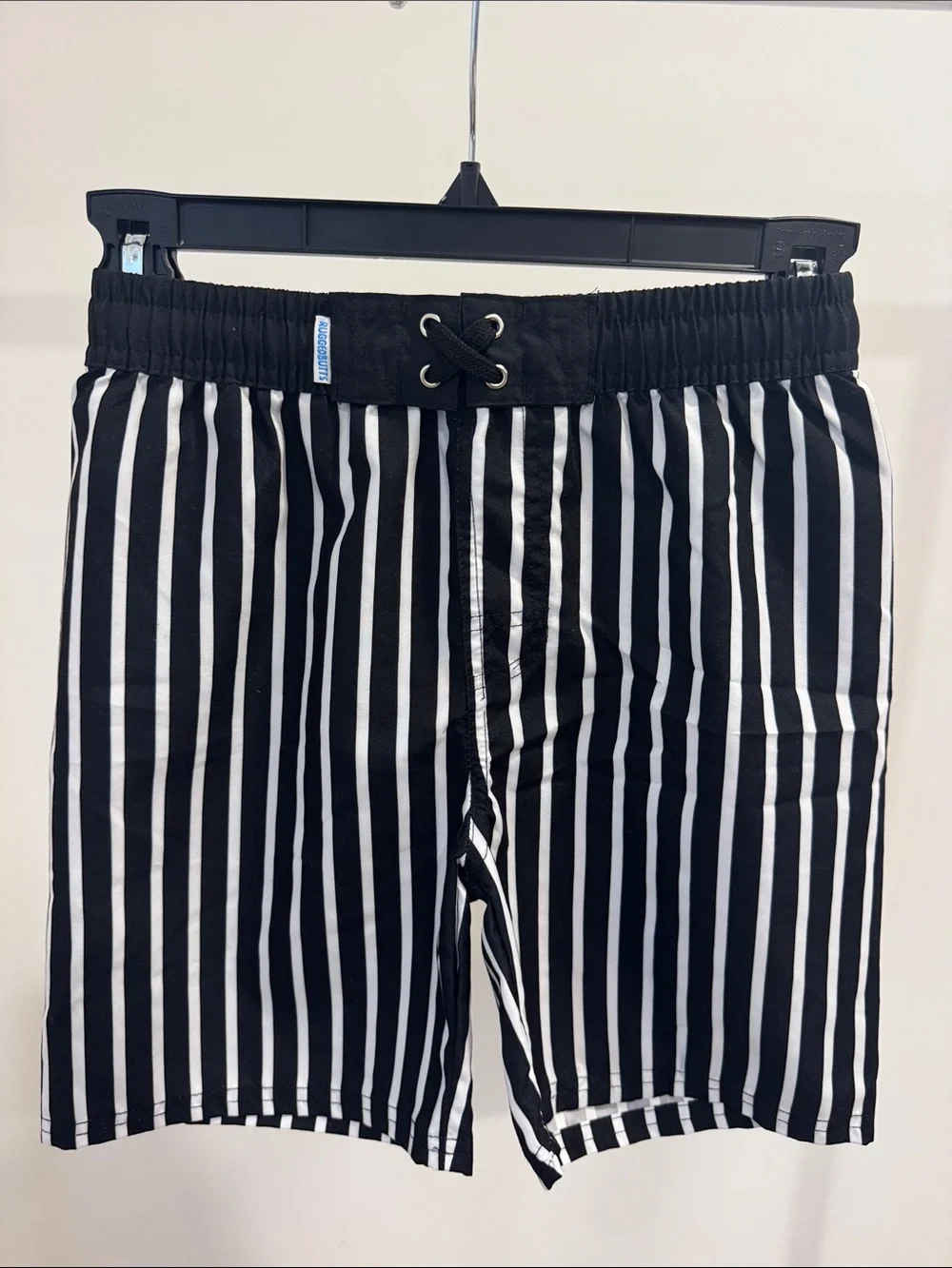 RuggedButts Boys black and white striped swim trunks